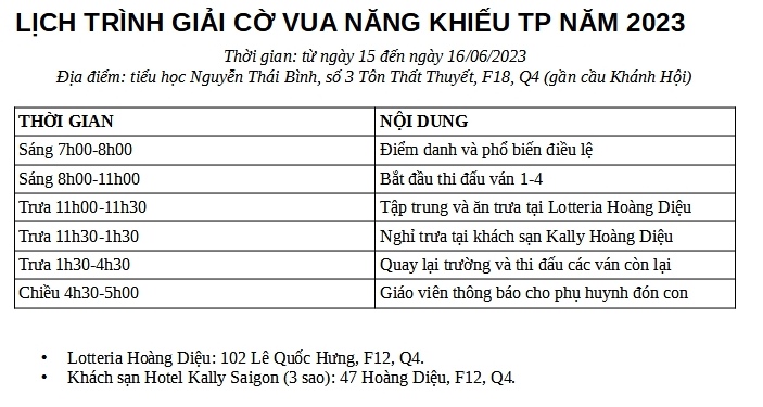 Lịch trình giải cờ vua năng khiếu thành phố năm 2023